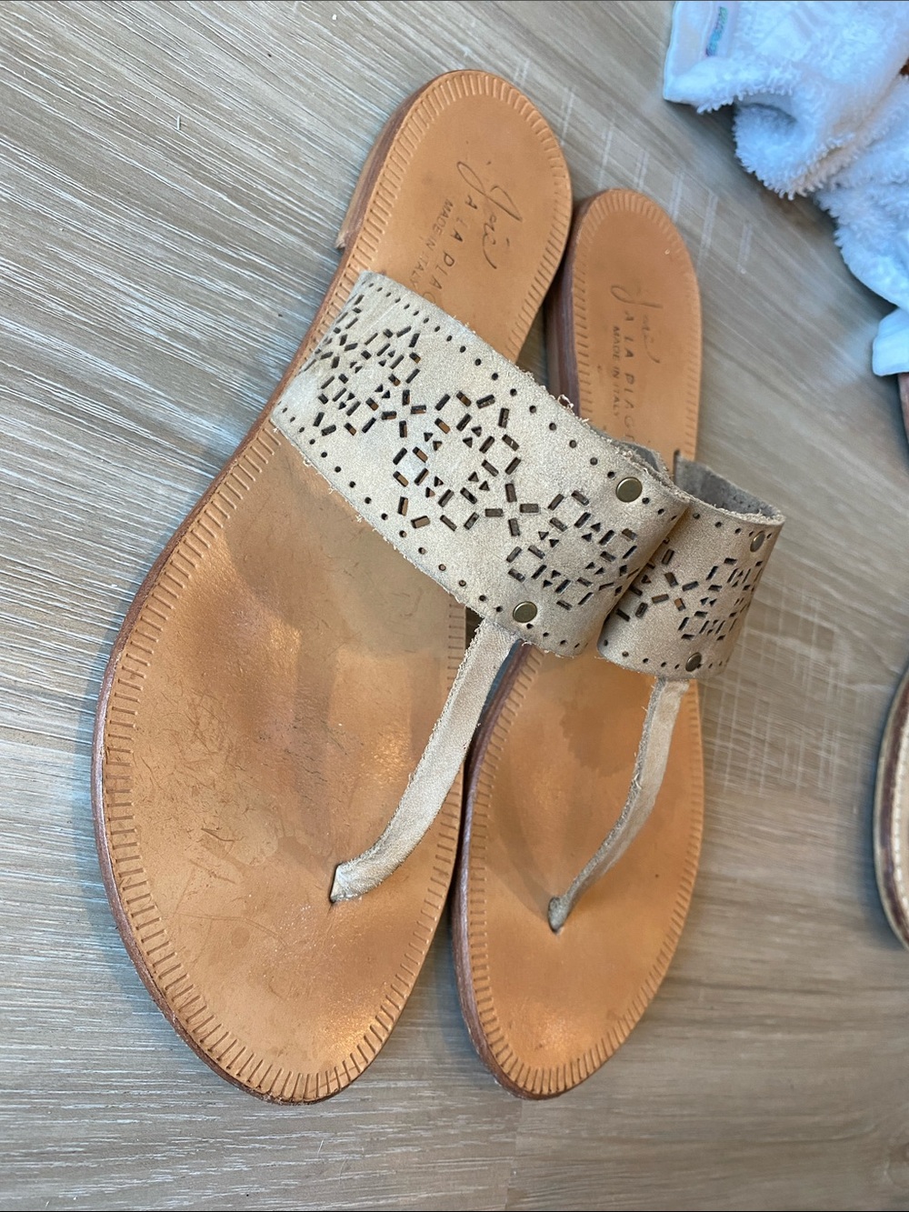 Joie Gold Laser-Cut Leather Toe-Post Sandals